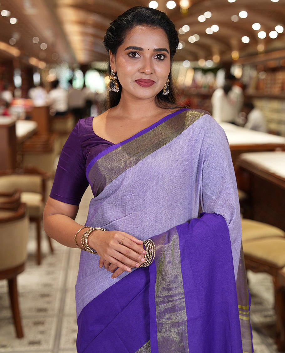 Violet Khadi Mul Cotton Saree, Adorned with Half-And-Half-Style Double-Colour Dyed on Its Body, a Subtle Zari Border, Striped Pallu, and Paired with a Matching Blouse