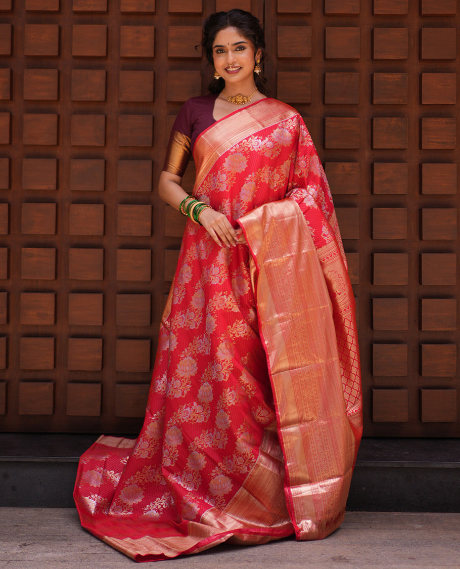 Red Floral Jacquard Budget Silk Saree, a Traditional Zari Border, Jaal Pallu, and Matching Blouse
