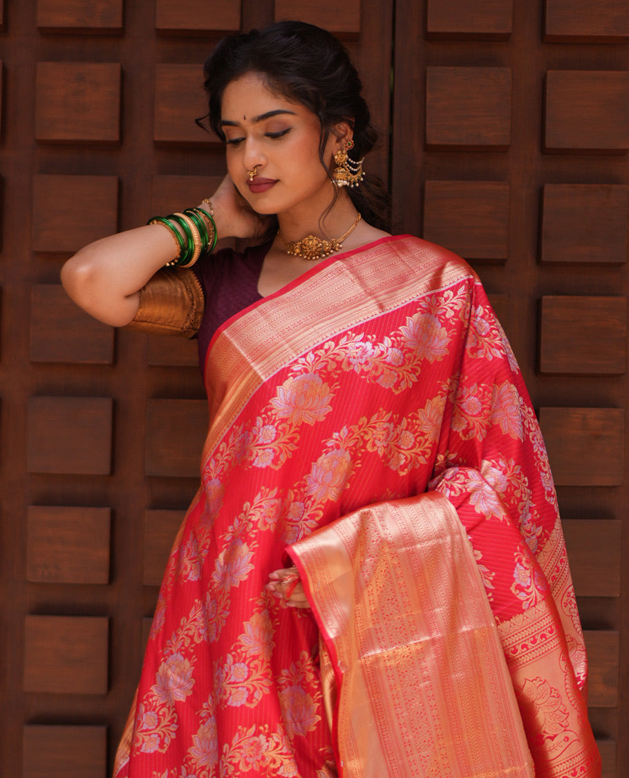 Red Floral Jacquard Budget Silk Saree, a Traditional Zari Border, Jaal Pallu, and Matching Blouse