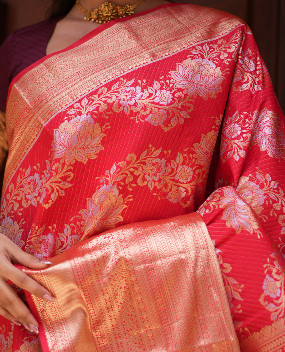 Red Floral Jacquard Budget Silk Saree, a Traditional Zari Border, Jaal Pallu, and Matching Blouse