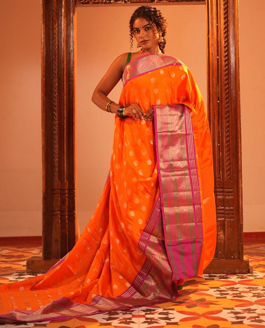 Orange Peacock Buttas Semi-Soft Silk Saree