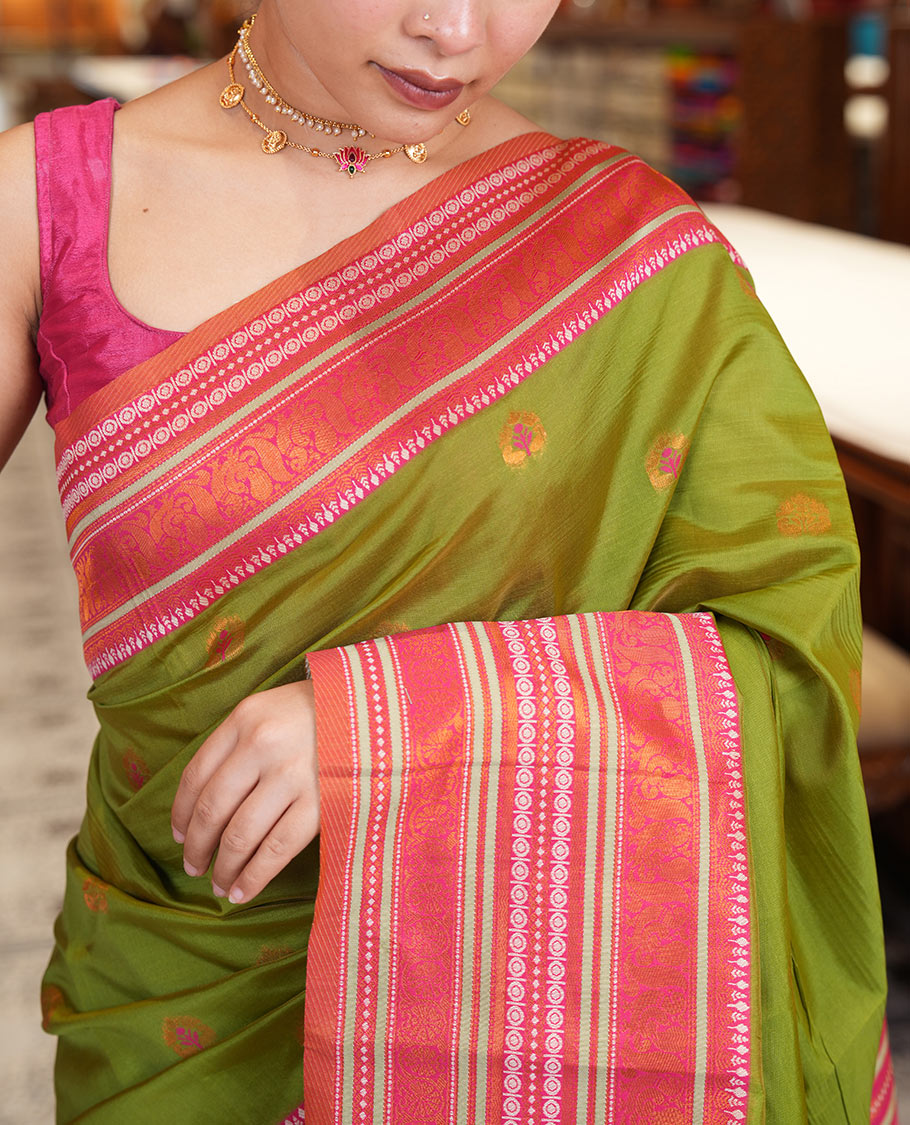 Leaf Green Litchi Chettinad Cotton Saree Features Buttas, Contrast Traditional Border, Grand Pallu, Contrast Blouse