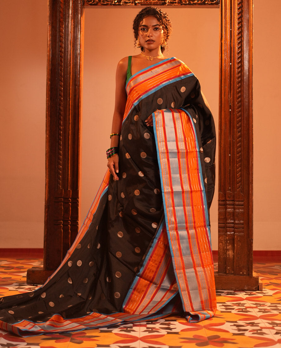 Black Chakram Buttas Semi-Soft Silk Saree