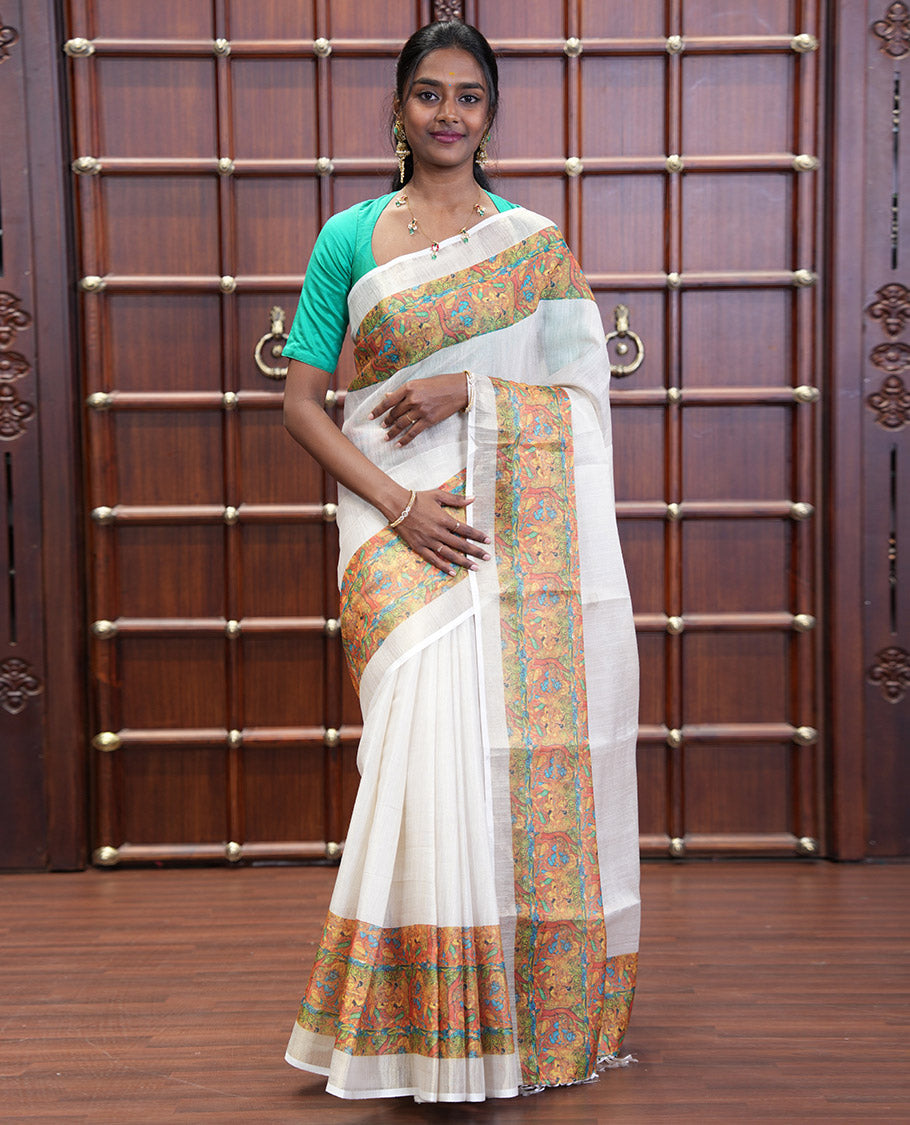 Cream Plain Tissue Saree Mesmerized with Contrasting Kerala Mural Painting-Style Lord Krishna and Gopis Printed Border, Painting-Style Printed Pallu, and a Contrast Plain Blouse