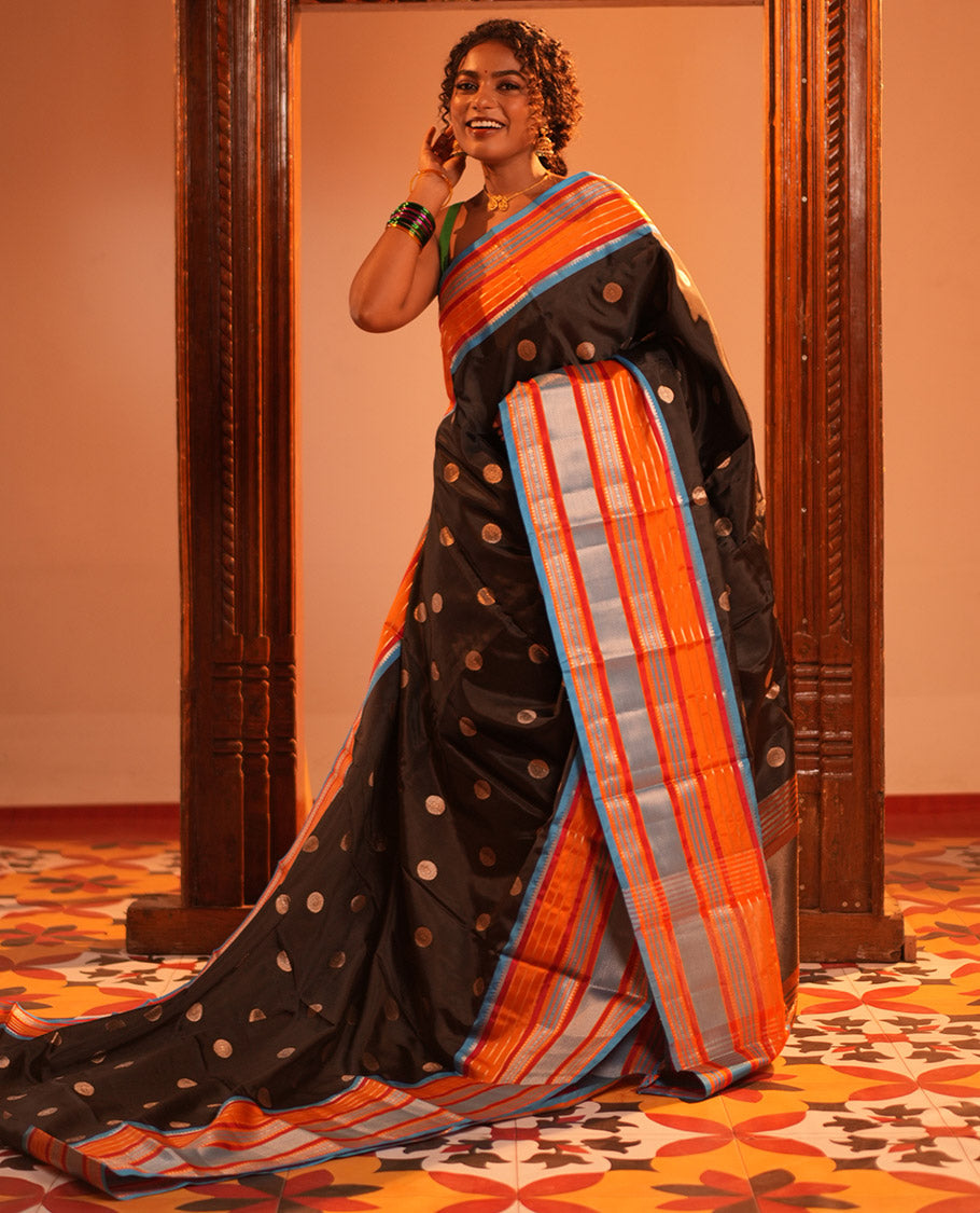 Black Chakram Buttas Semi-Soft Silk Saree