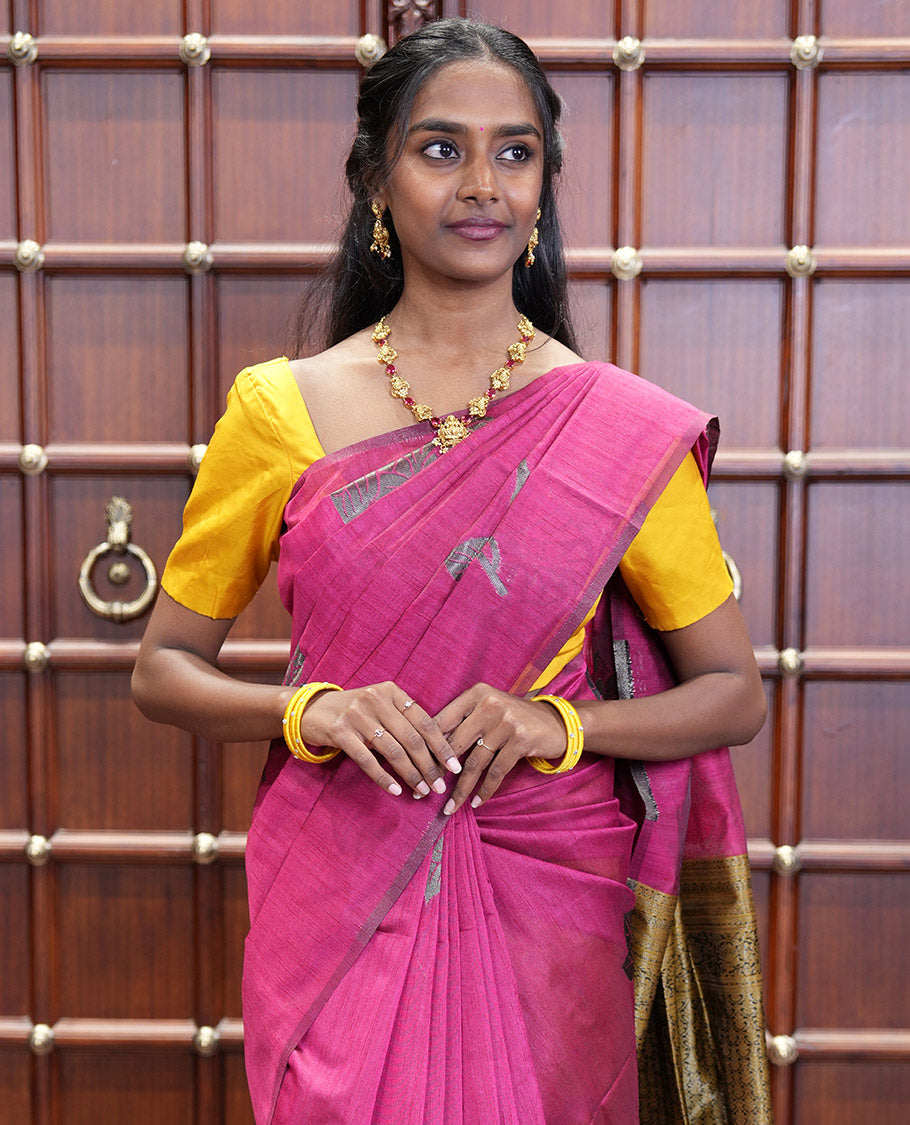 Borderless Pink Kicha Tussar Saree Artfully Woven with Big Zari Floral Motifs All Over Its Body, Complemented by Intricately Zari-Woven Pallu, and a Contrast Blouse