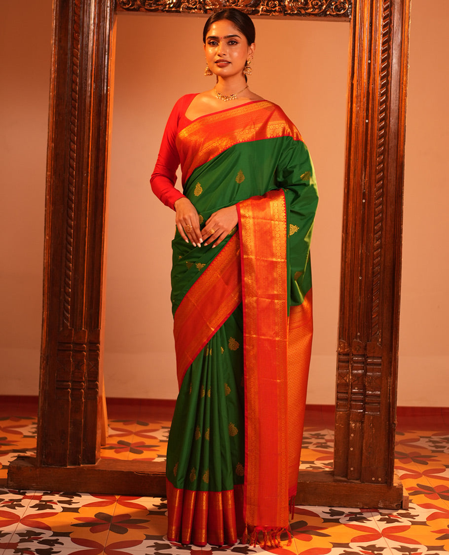 Leaf Green-Red Budget Silk Saree