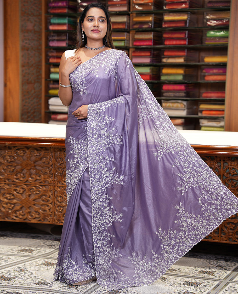 Lavender Plain Satin Crepe Saree, Accentuated with Floral Vine Thread Embroidery on Its Border, a Self-Pallu, and Paired with a Matching Blouse