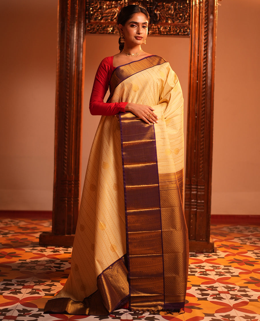 Cream-Purple Zari Design Budget Silk Saree
