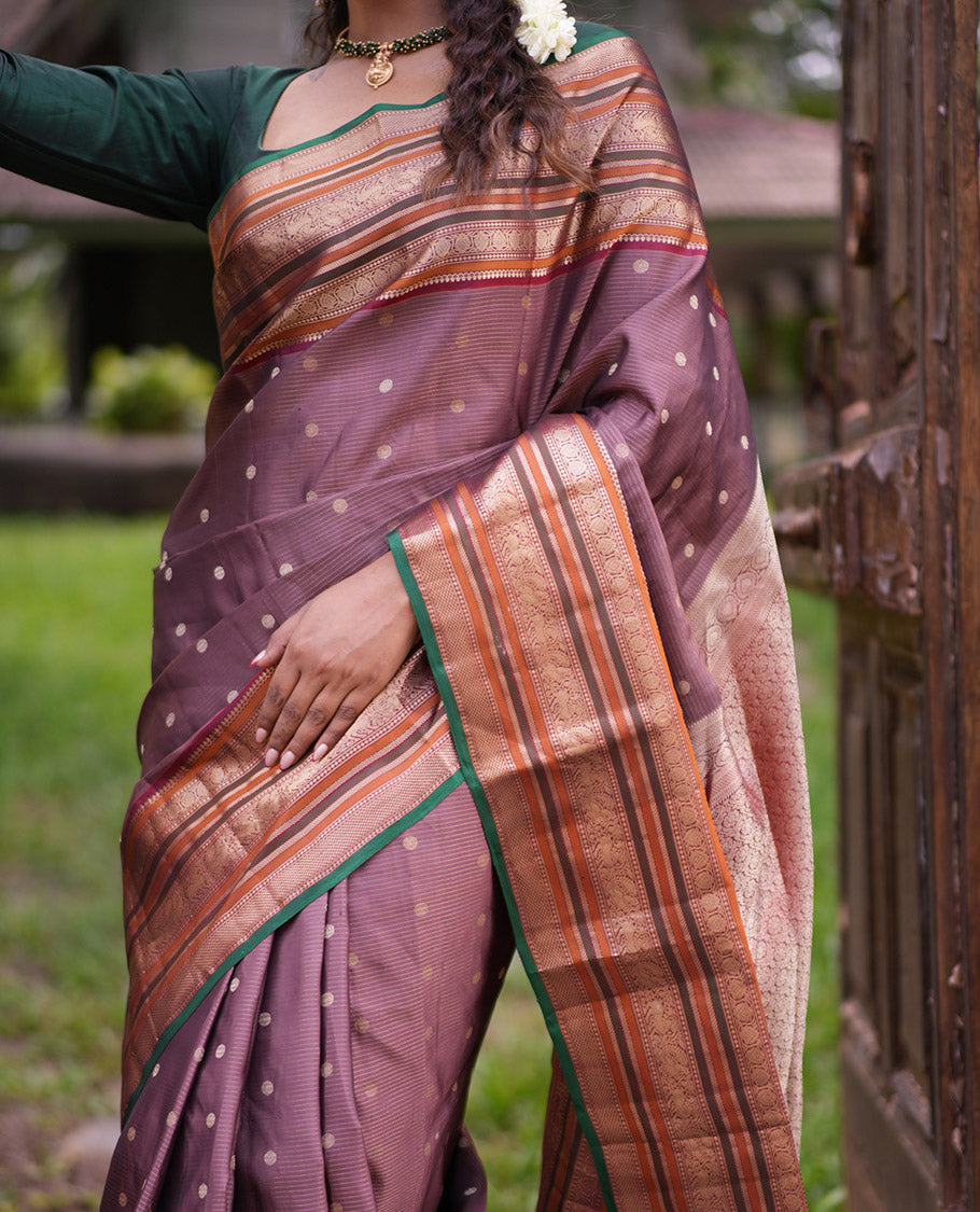 Brown-Maroon Stripes-Buttas Vasundhara Silk Saree, Contrast Traditional Border, and Contrast Blouse