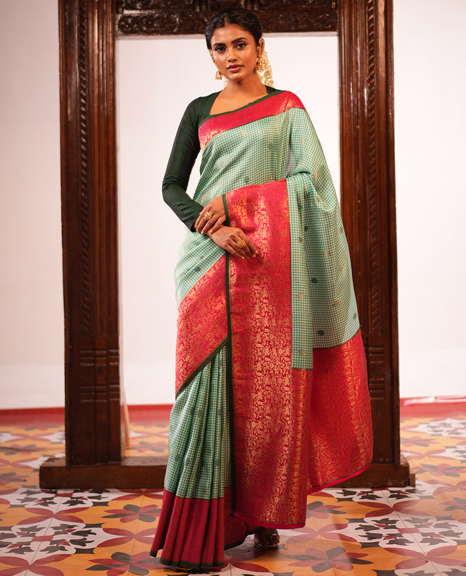 Bottle Green Micro Checks Fancy Mysore Silk Saree