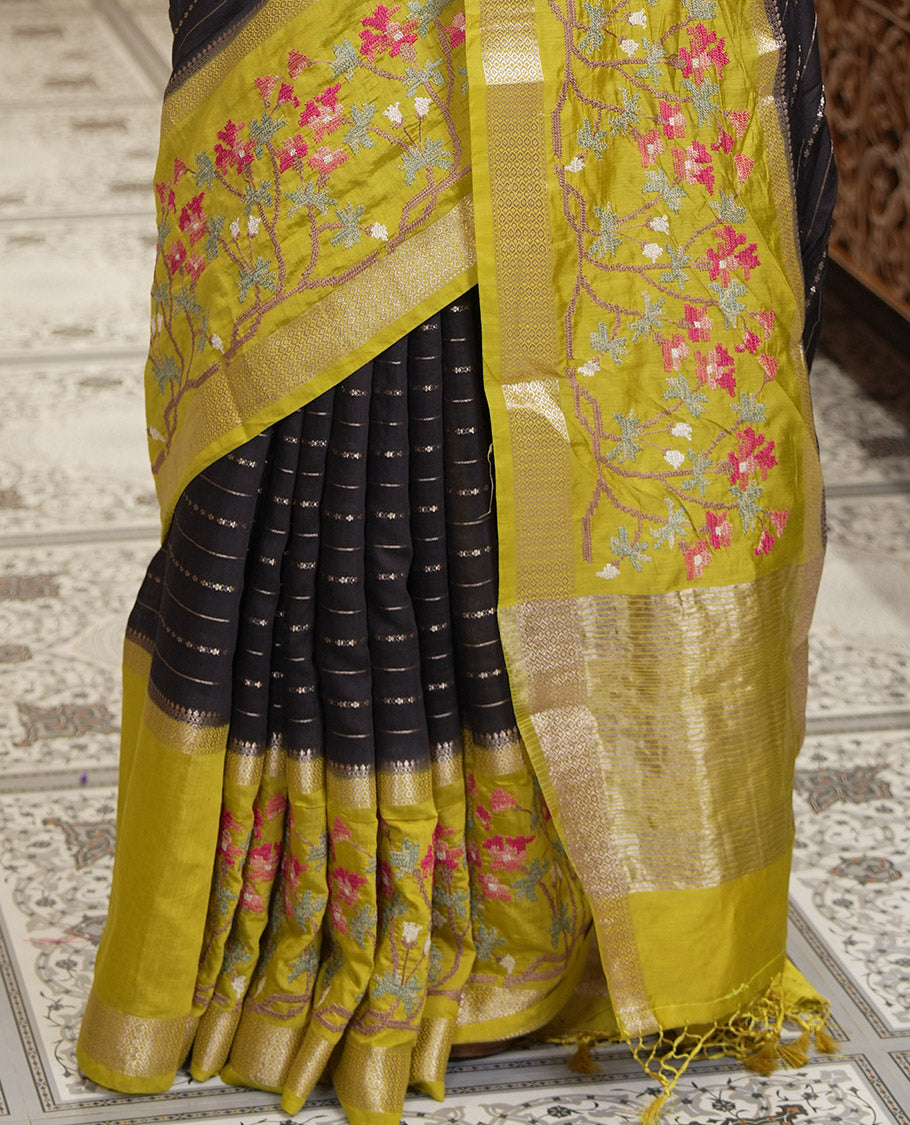 Black Assam Silk Saree Featuring Horizontal Zari Stripes, Contrast Floral Embroidered Border, Zari Striped Pallu, and a Contrast Blouse