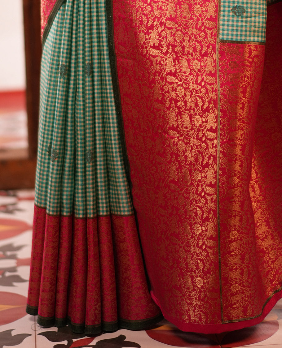 Bottle Green Micro Checks Fancy Mysore Silk Saree