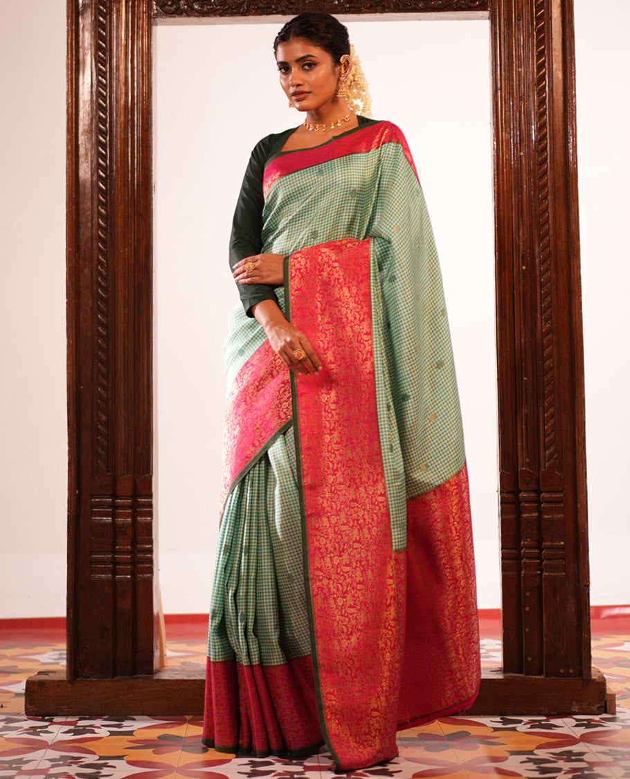 Bottle Green Micro Checks Fancy Mysore Silk Saree