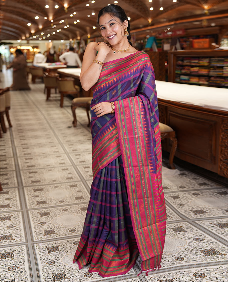 Purple Litchi Chettinad Saree Features Zari Design, Contrast Traditional Border, Contrast Blouse