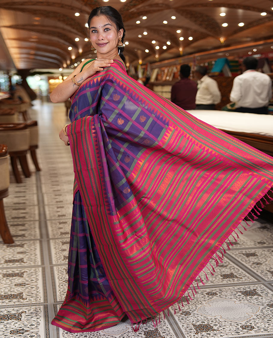 Purple Litchi Chettinad Saree Features Zari Design, Contrast Traditional Border, Contrast Blouse