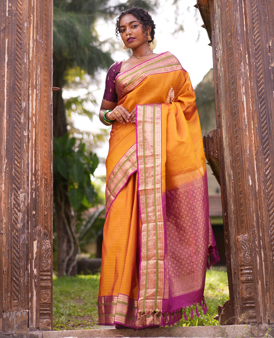 Mustard Striped Vasundhara Silk Saree, Contrast Traditional Border, Jaal Pallu, and Contrast Blouse