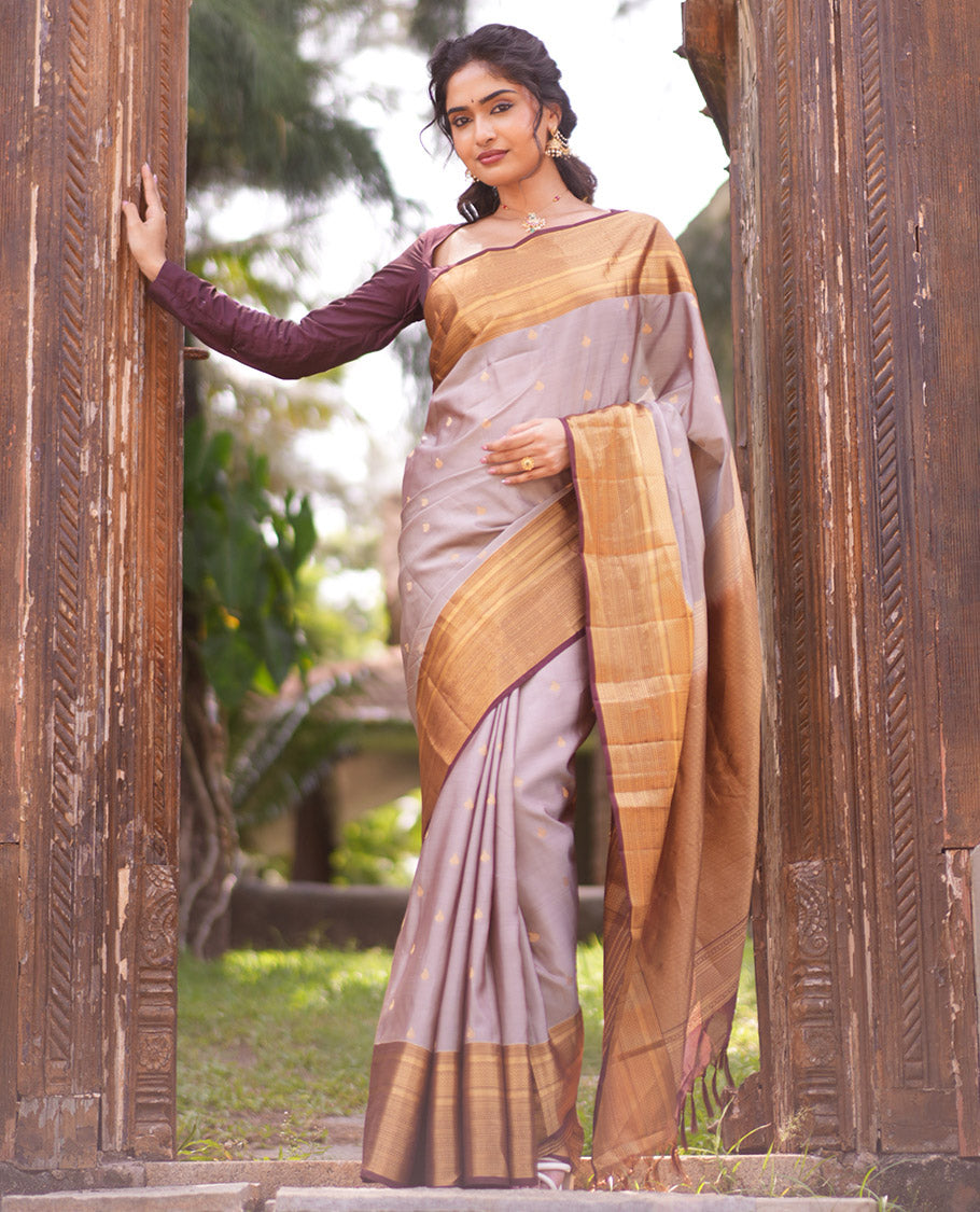 Grey-Brown Zari Buttas Vasundhara Lite Silk Mix Saree, Contrast Traditional Border, and Contrast Blouse