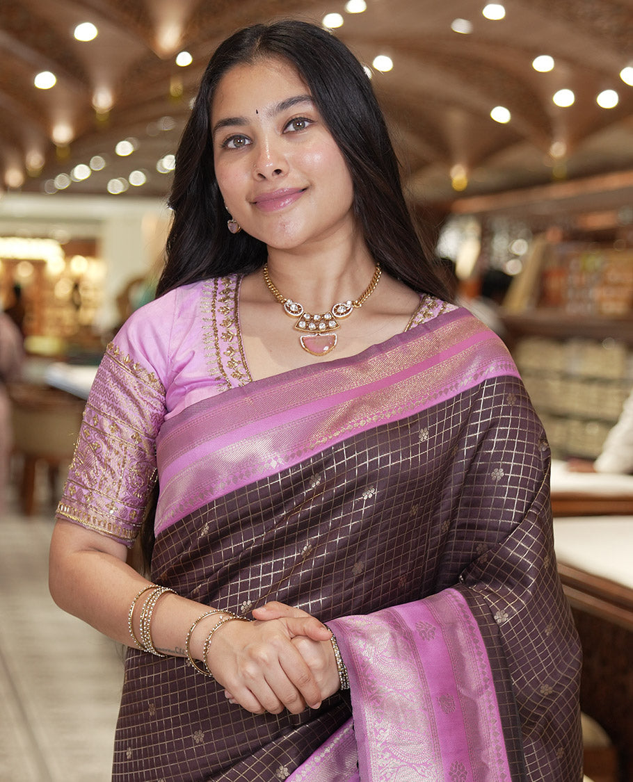 Coffee Brown Litchi Saree Features Buttas and Checks, Contrast Traditional Peacock Border, Intricate Pallu, and a Contrast Blouse