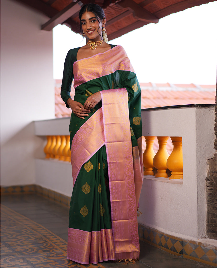 Green-Pink Zari Buttas Budget Silk Saree, Contrast Traditional Zari Border, Grand Pallu, a Contrast Blouse