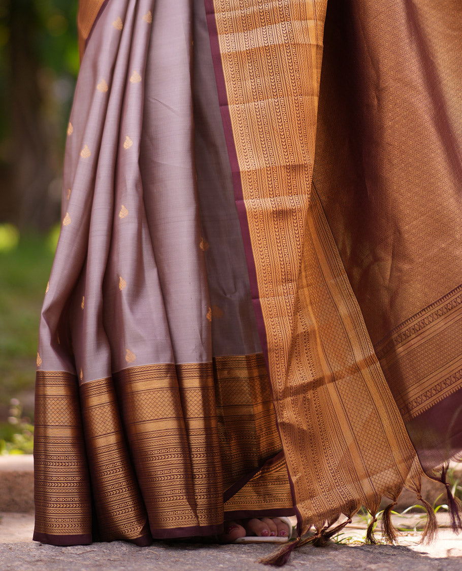 Grey-Brown Zari Buttas Vasundhara Lite Silk Mix Saree, Contrast Traditional Border, and Contrast Blouse