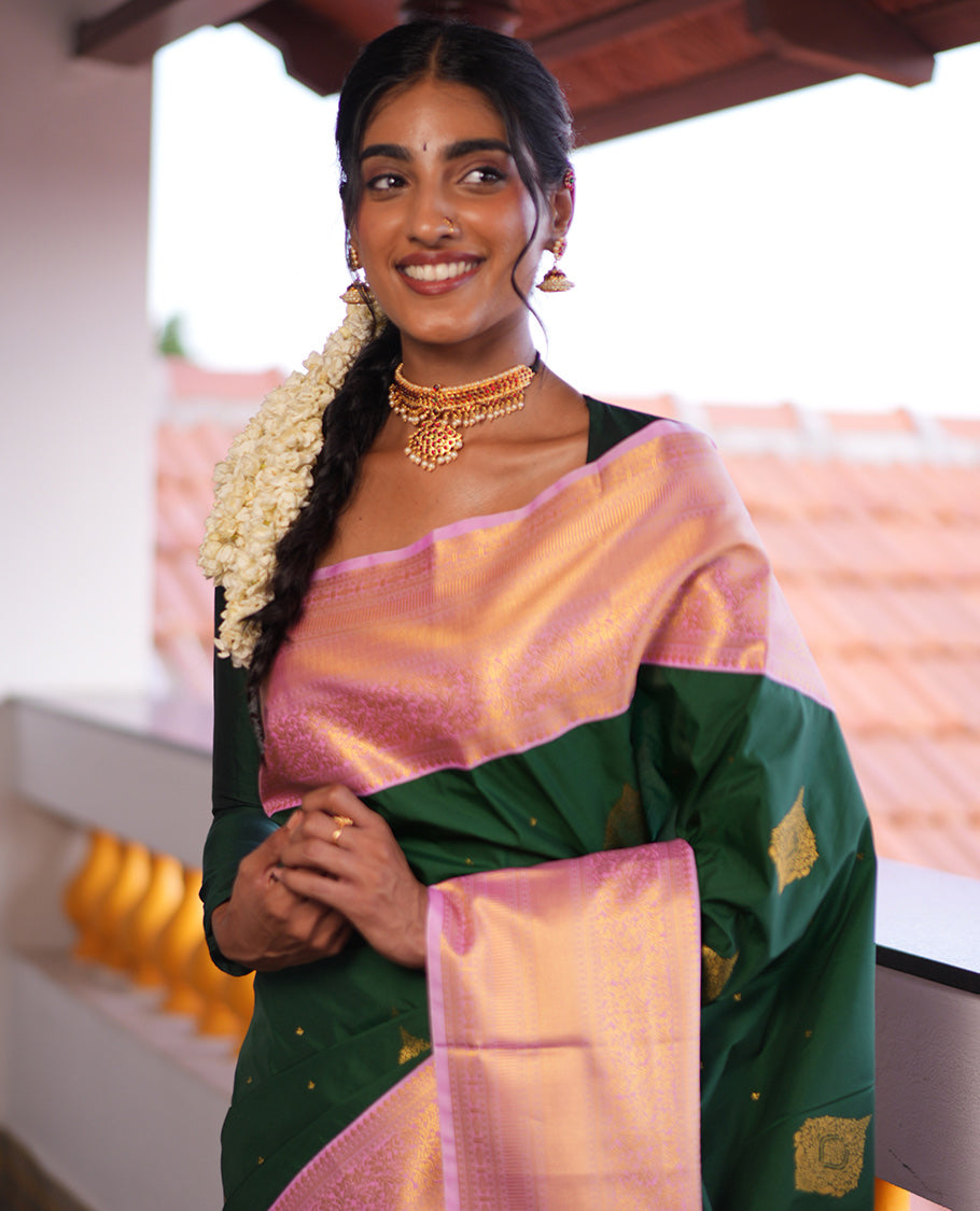 Green-Pink Zari Buttas Budget Silk Saree, Contrast Traditional Zari Border, Grand Pallu, a Contrast Blouse