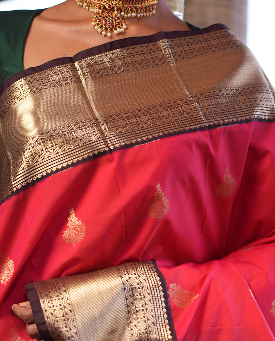 Brick-Coffee Brown Zari Buttas Budget Silk Saree, Contrast Traditional Zari Border, Grand Pallu, a Contrast Blouse