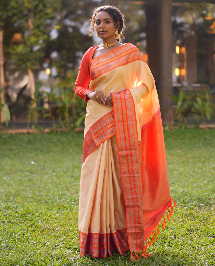 Sandal Manga-Chakra Buttas Vasundhara Silk Saree, Contrast Traditional Border, and Contrast Blouse