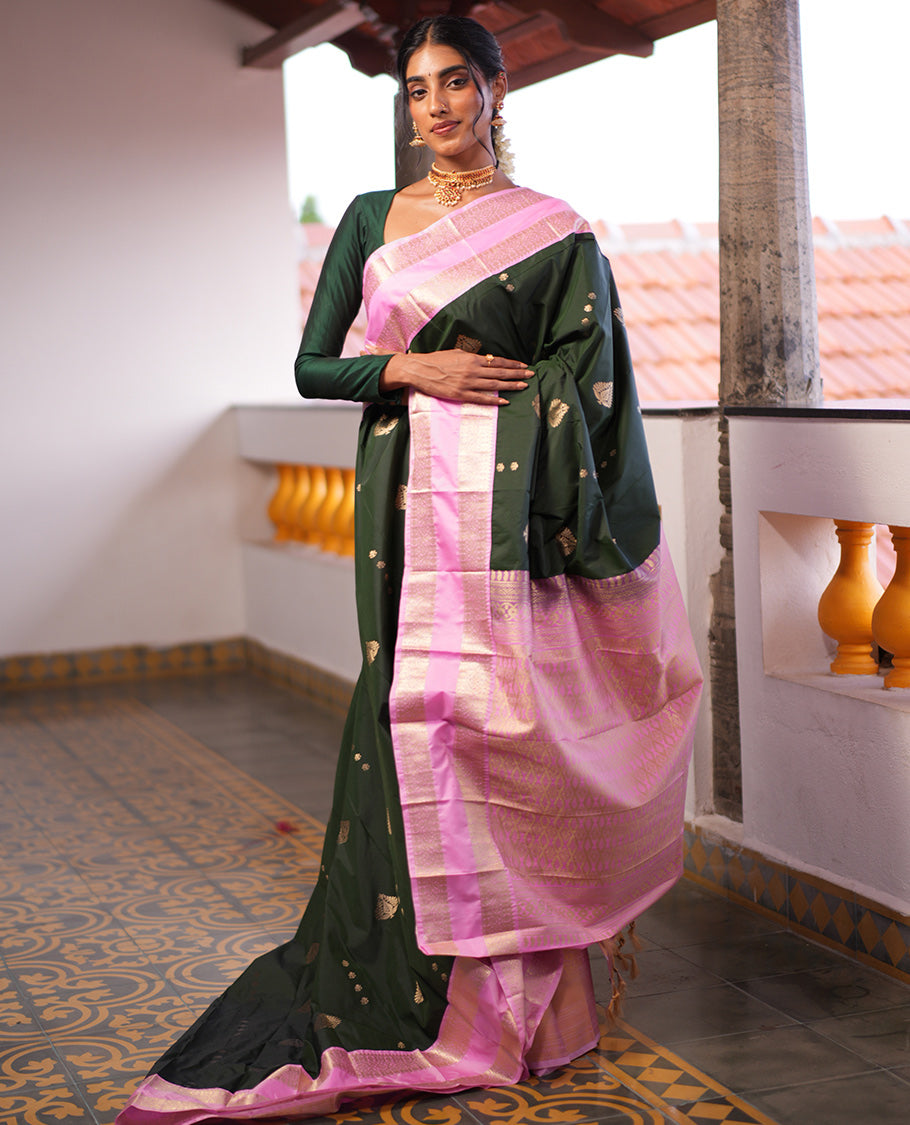 Bottle Green-Light Pink Zari Buttas Budget Silk Saree, Contrast Rettai Pettu Border, Grand Pallu, a Contrast Blouse