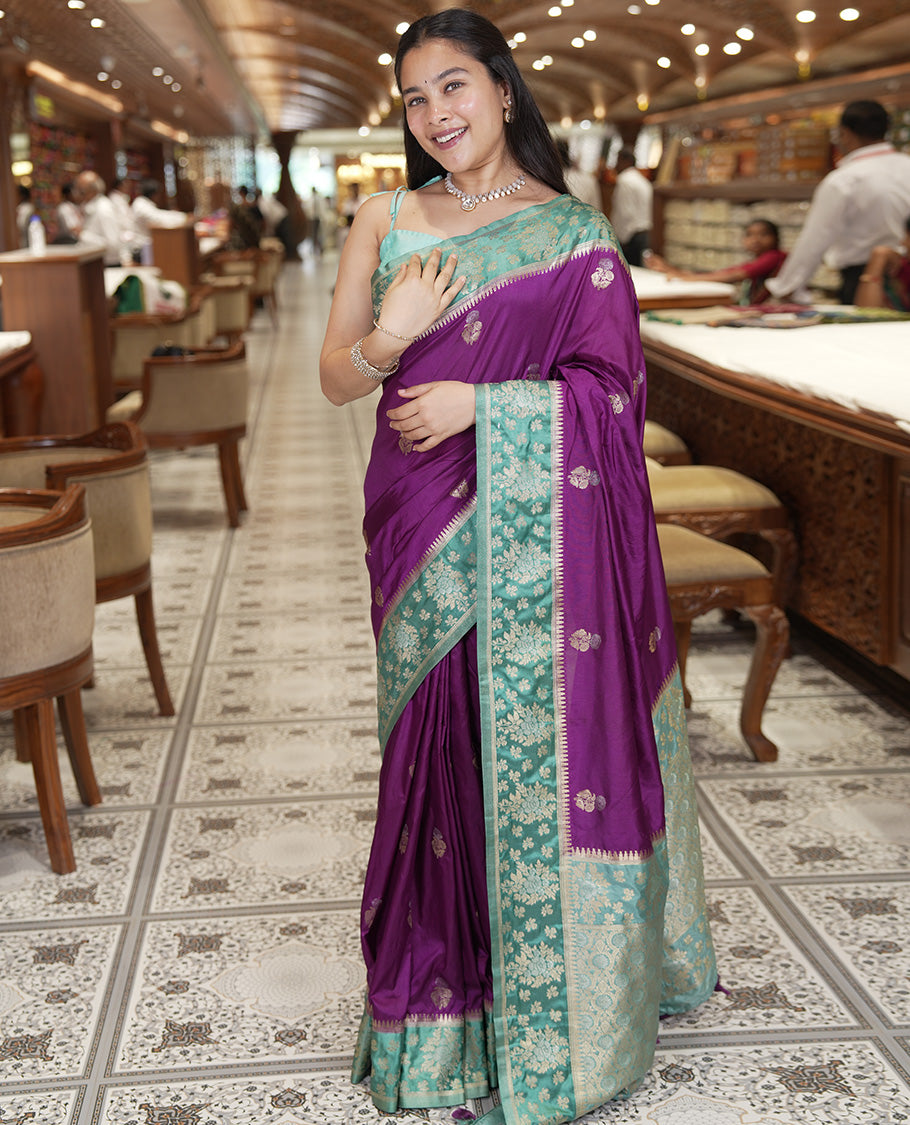 Purple Fancy Raw Silk Saree, Enriched with Floral Zari Buttas, a Contrast Floral Temple Border, Intricate Pallu, and a Contrast Blouse