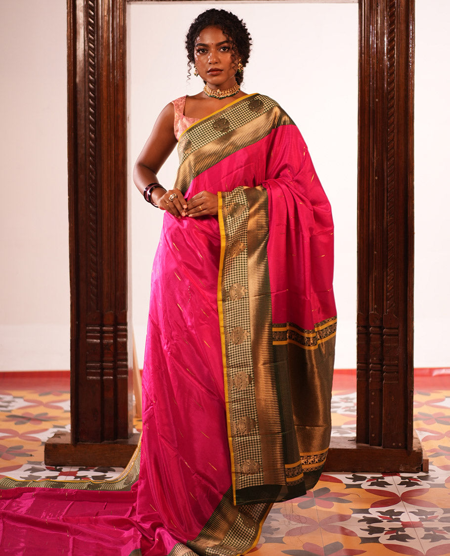 Rani Pink Raindrop-Buttas Semi-Mysore Silk Saree