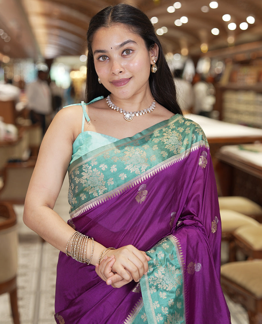 Purple Fancy Raw Silk Saree, Enriched with Floral Zari Buttas, a Contrast Floral Temple Border, Intricate Pallu, and a Contrast Blouse