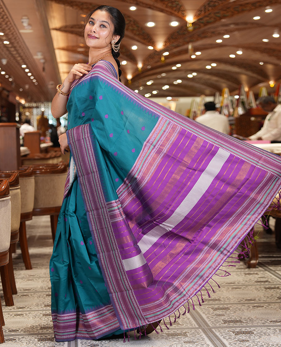 Rama Blue Litchi Chettinad Saree, Subtly Woven with Thread Leaf Buttas, Contrast Traditional Border, and a Contrast Blouse