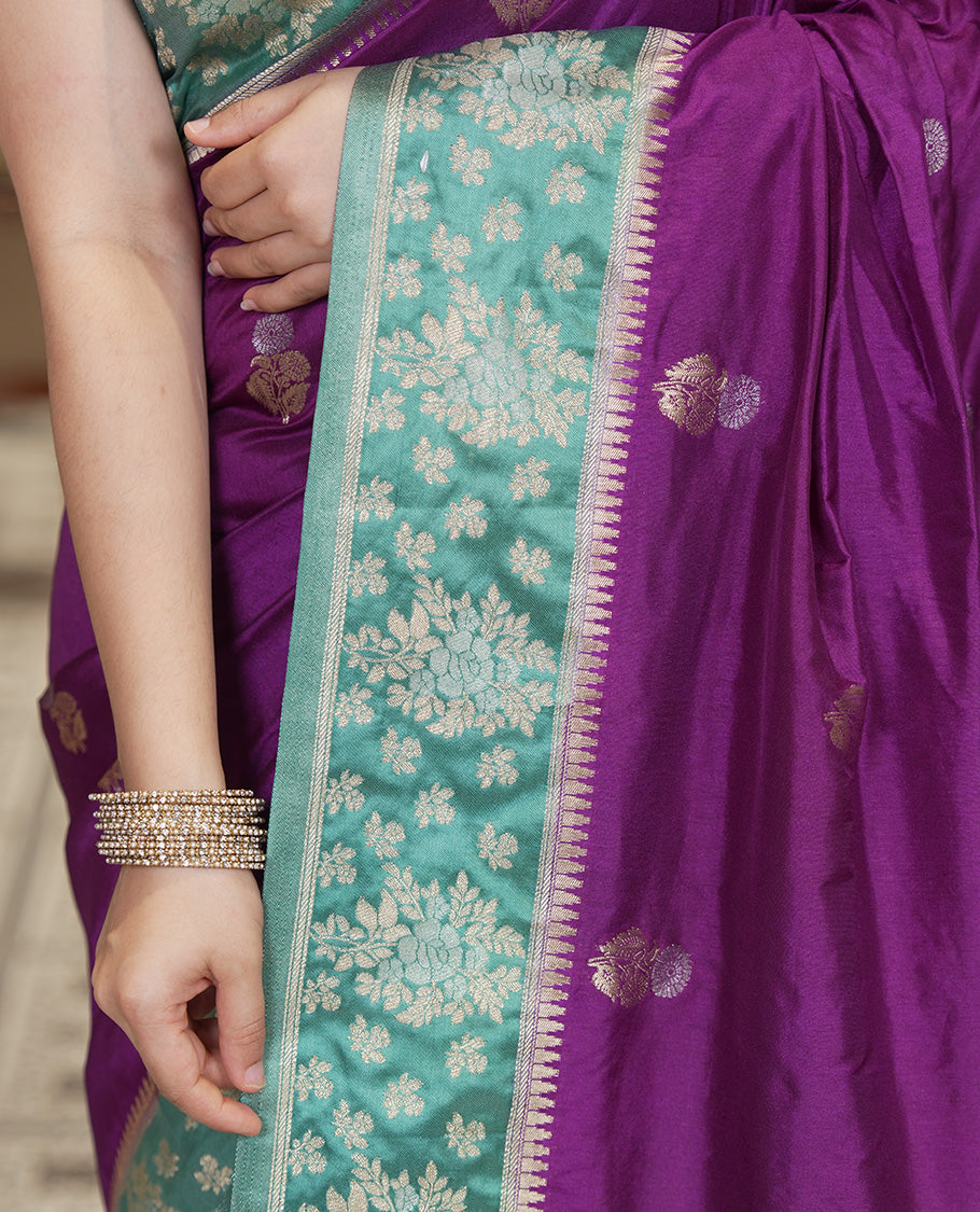 Purple Fancy Raw Silk Saree, Enriched with Floral Zari Buttas, a Contrast Floral Temple Border, Intricate Pallu, and a Contrast Blouse
