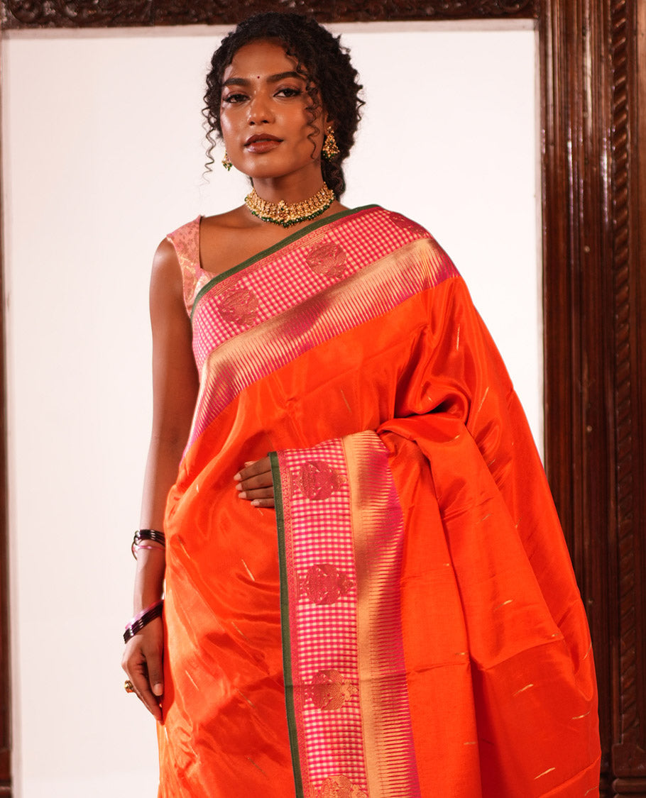 Rust Raindrop Butta Semi-Mysore Silk Saree