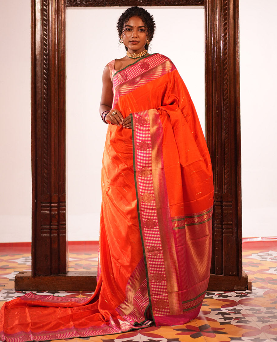 Rust Raindrop Butta Semi-Mysore Silk Saree