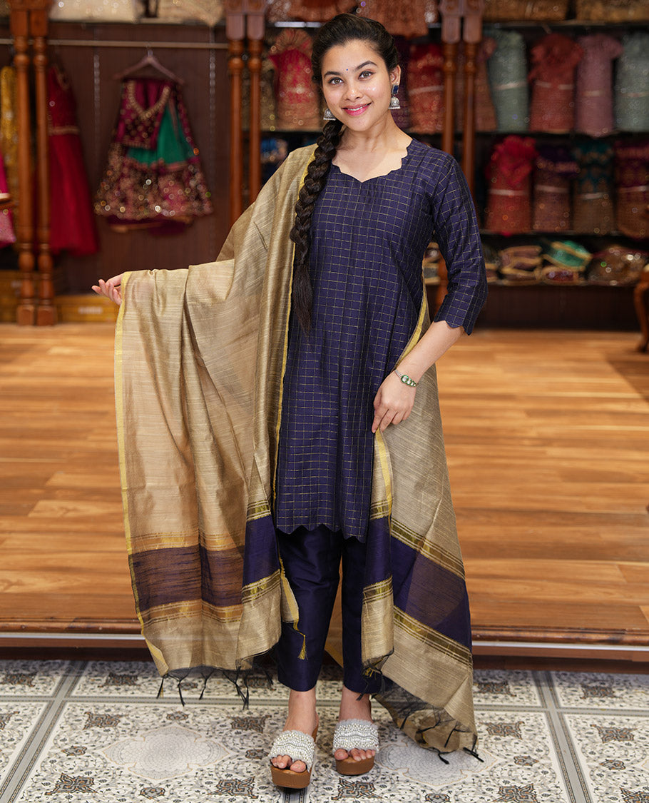 Blue Material Chudidar Set, Subtly Sparkled with Zari Checks All Over Its Semi-Silk Top, Comes with a Subtle Plain Bottom, and a Contrast Semi-Silk Dupatta of Zari Border and Tassels