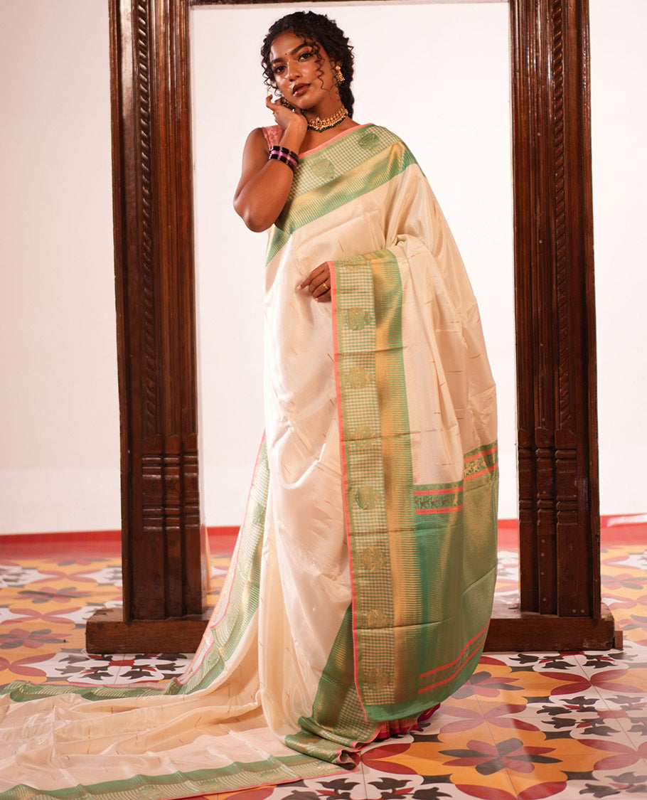 Off-White Raindrop Butta Semi-Mysore Silk Saree