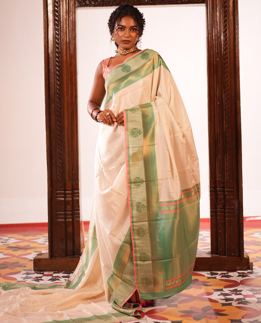 Off-White Raindrop Butta Semi-Mysore Silk Saree