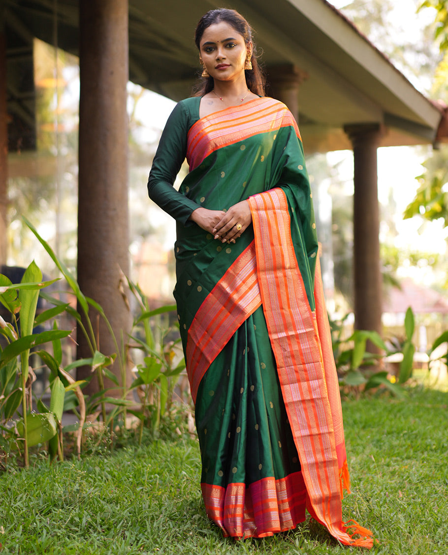 Green Manga-Chakra Buttas Vasundhara Silk Saree, Contrast Traditional Border, and Contrast Blouse