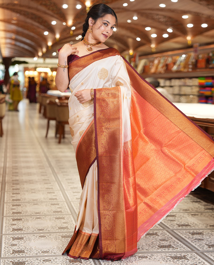 Off-White Art Silk Saree, Entralled with Zari Buttas, Contrast Traditional Border, Grand Pallu and Matching Blouse