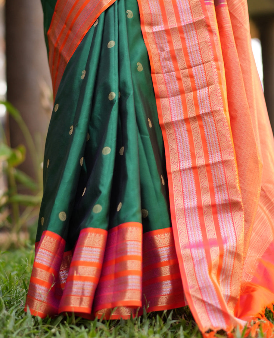Green Manga-Chakra Buttas Vasundhara Silk Saree, Contrast Traditional Border, and Contrast Blouse