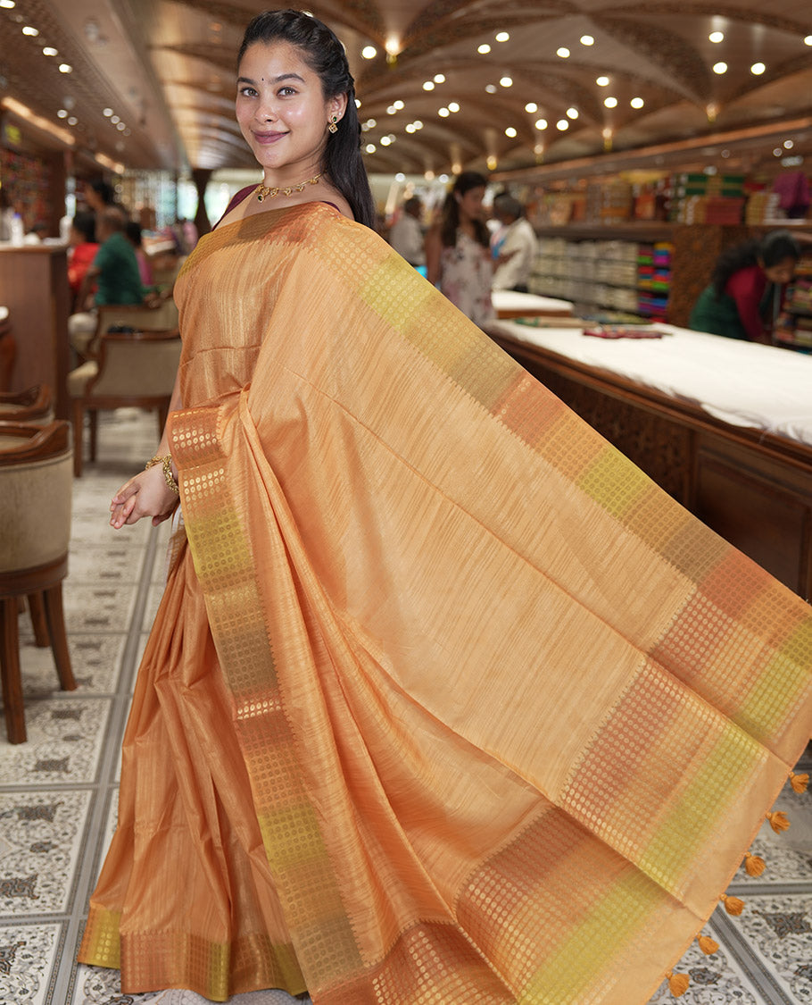 Mustard Plain Matka Silk Fancy Saree , Small Polka Dots Woven Temple contrast Border, Pallu Steeped with Polka Dots, and Paired with a Patola-Style Floral Printed Blouse