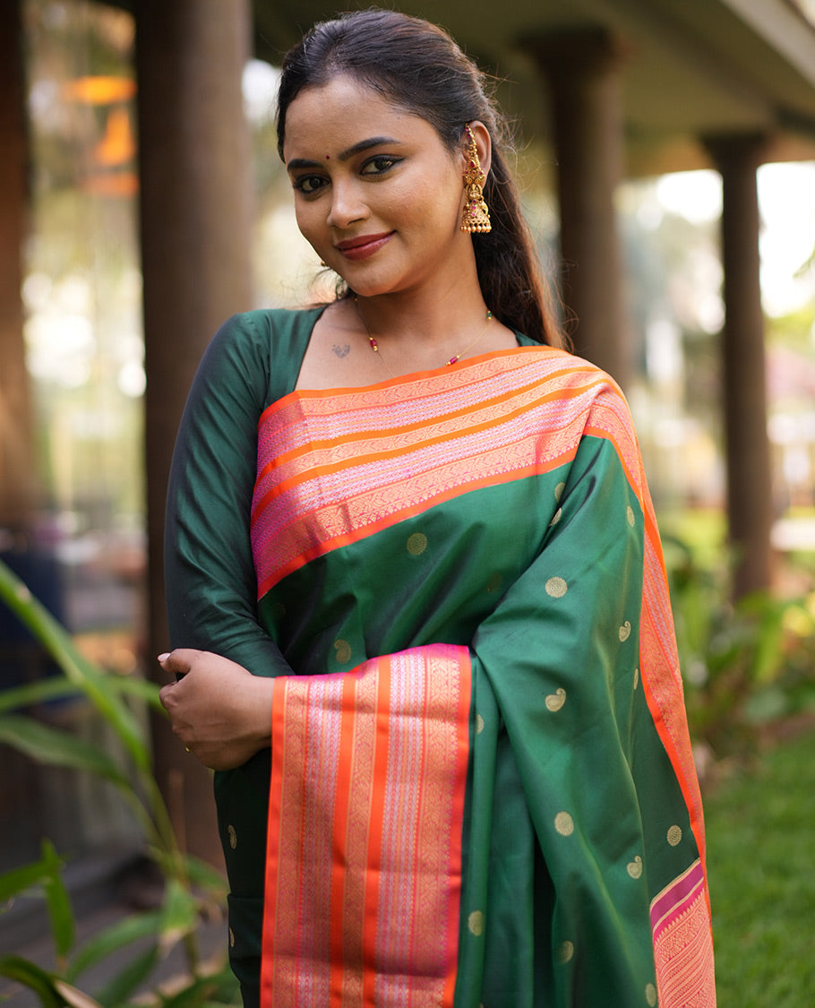 Green Manga-Chakra Buttas Vasundhara Silk Saree, Contrast Traditional Border, and Contrast Blouse