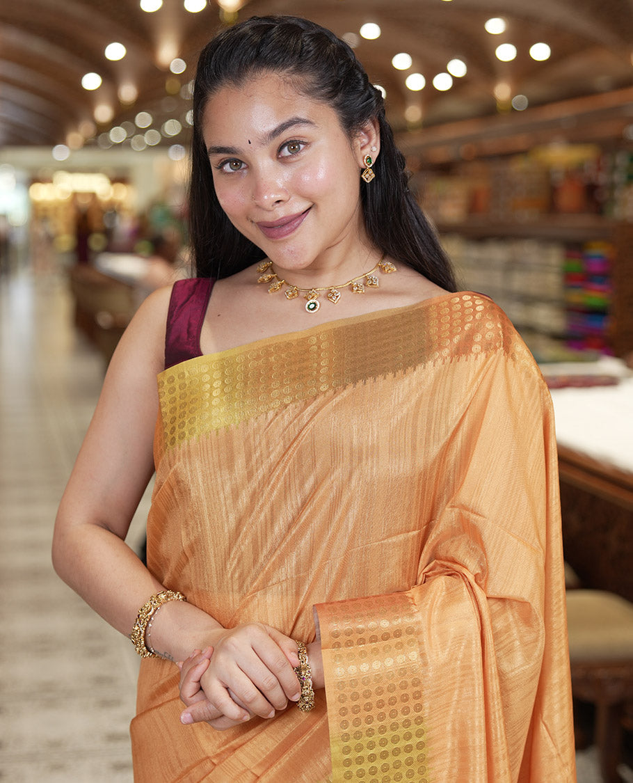 Mustard Plain Matka Silk Fancy Saree , Small Polka Dots Woven Temple contrast Border, Pallu Steeped with Polka Dots, and Paired with a Patola-Style Floral Printed Blouse
