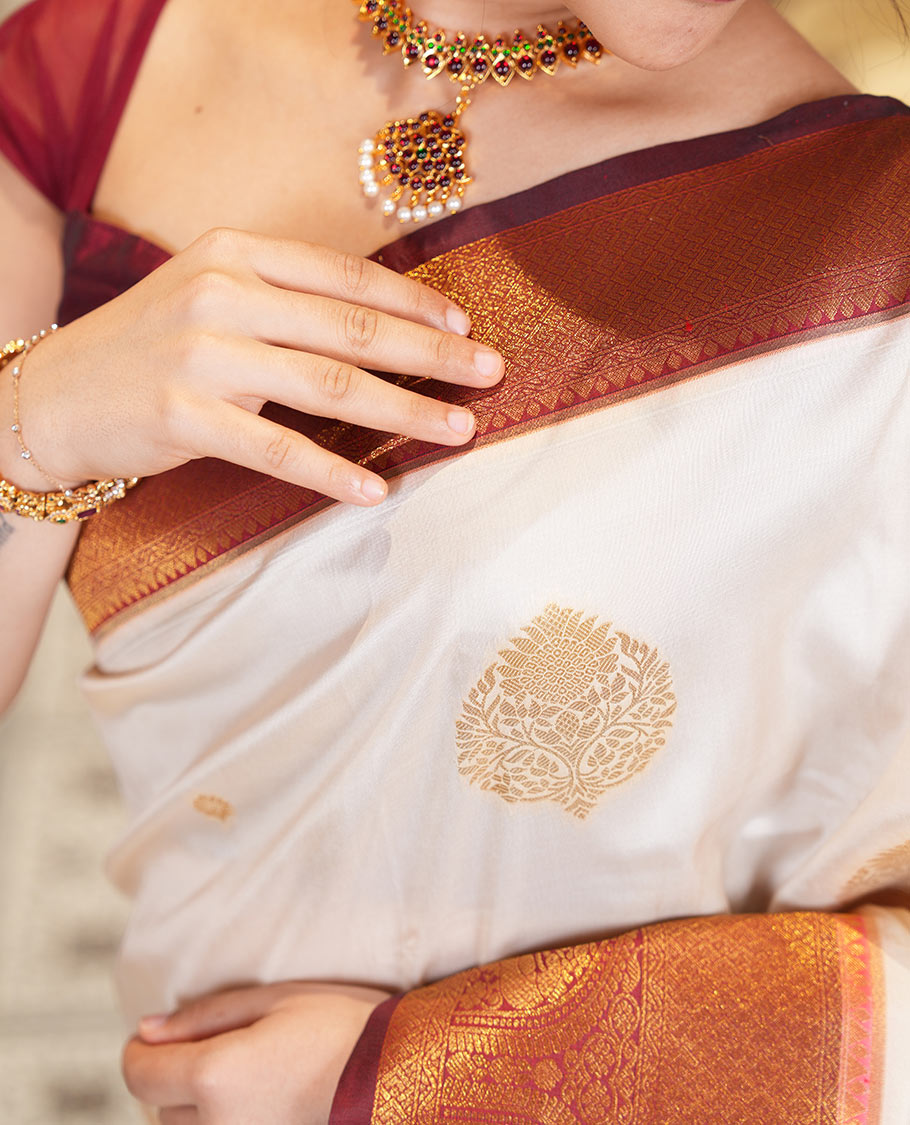 Off-White Art Silk Saree, Entralled with Zari Buttas, Contrast Traditional Border, Grand Pallu and Matching Blouse