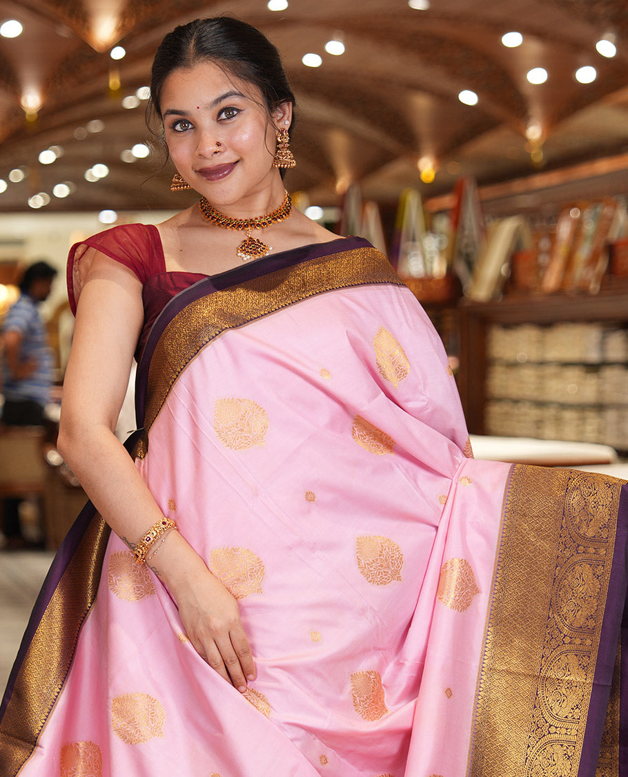 Light Pink Art Silk Saree, Elevated with Zari Buttas, Contrast Traditional Border, Grand Pallu and Matching Blouse