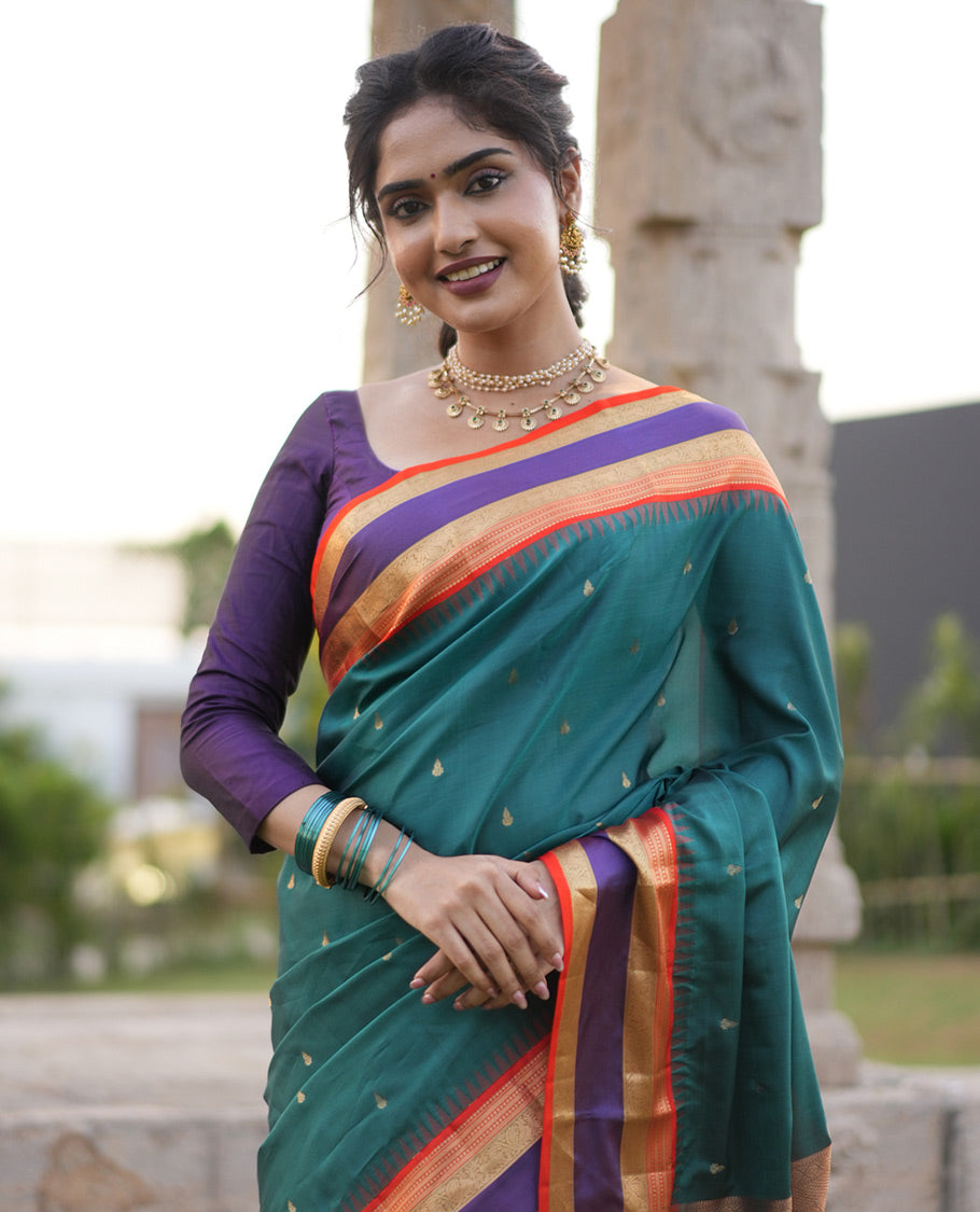 Green Buttas Vasundhara Lite Silk Mix Saree, Contrast Rettai Pettu Border, Jaal Pallu, Contrast Blouse