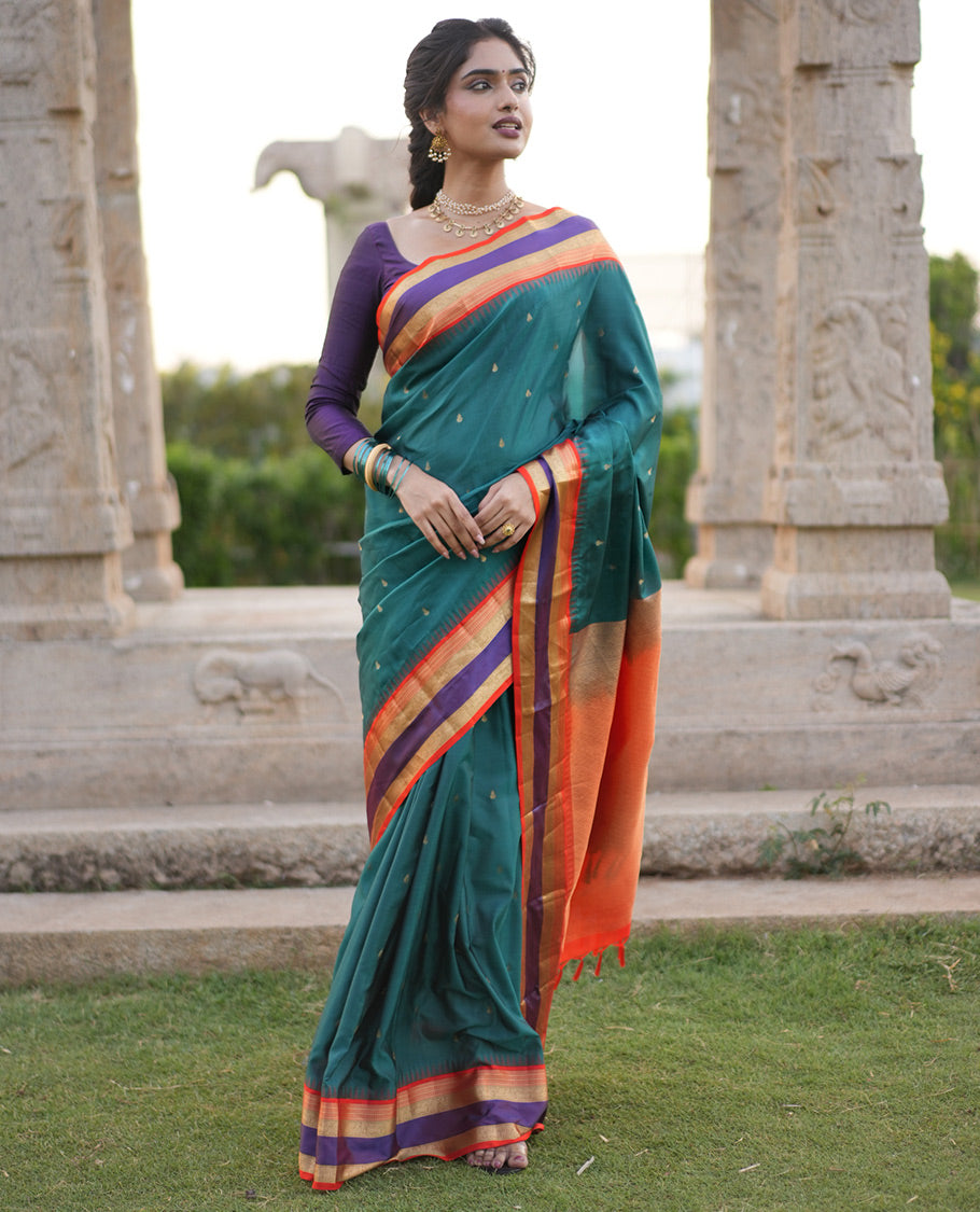 Green Buttas Vasundhara Lite Silk Mix Saree, Contrast Rettai Pettu Border, Jaal Pallu, Contrast Blouse