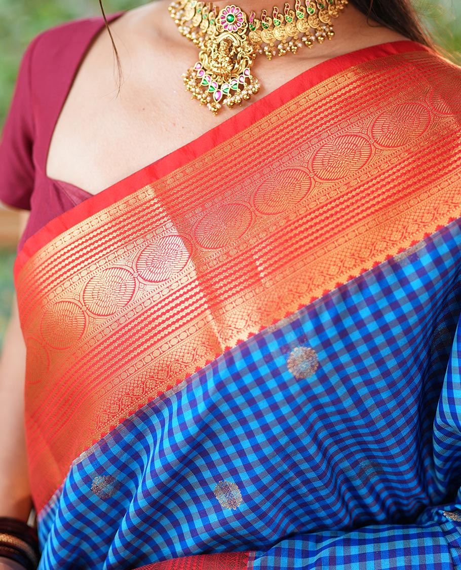 Dark Blue-Light Blue Micro Checks Budget Silk Saree